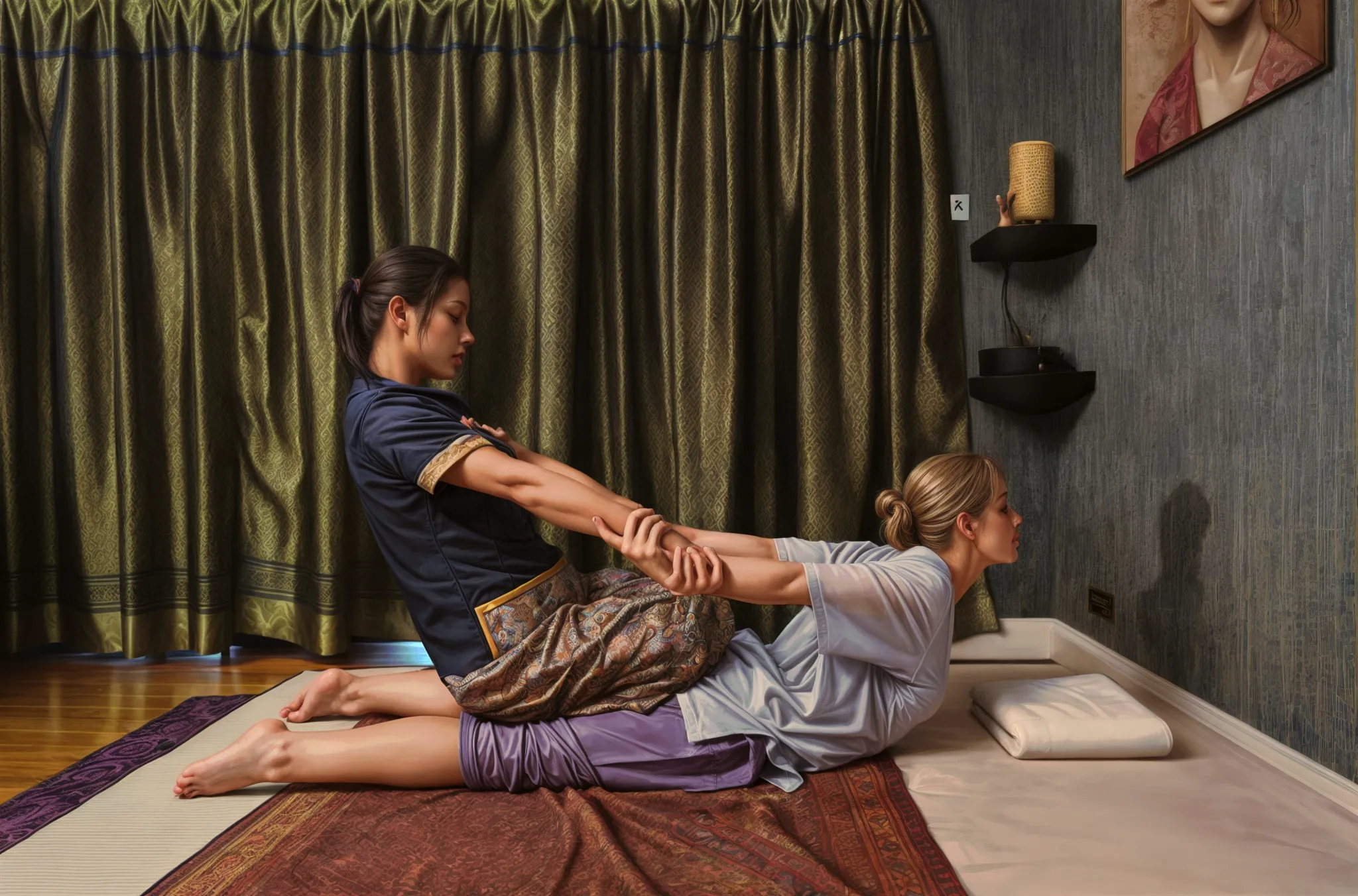 A therapist kneels on a client stretching the client’s arms behind and lifting her body